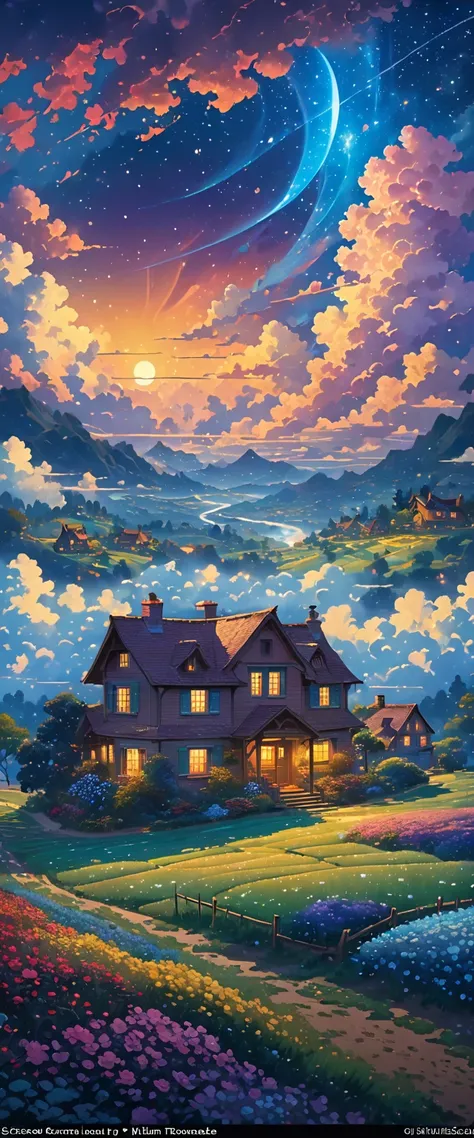 a house in the middle of a field under a night sky, animated background, animated background art, beautiful anime scene, Over the clouds, Kilian Eng y Thomas Kinkade, Rob Gonsalves y Tim White., silvain sarriel, Rhads y Thomas Kinkade, inspired by RHADS, c...