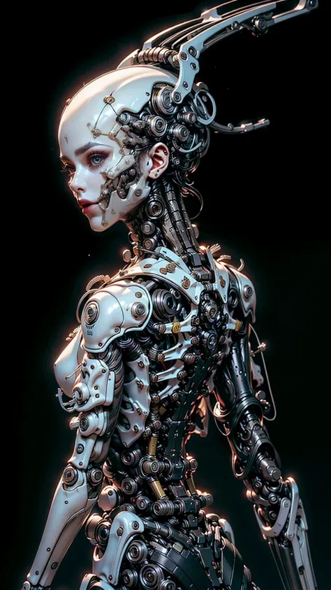 (masterpiece, top quality, Best Quality), head on, (1 girl), half body, extremely detailed, striking body, more detailed,((ultra detailed)), ((an extremely delicate and beautiful body)), (from the front), in a futuristic white room, ((1 girl cyborg)) beaut...