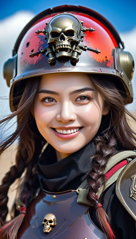 Close-up of a ((extremely beautiful girl warior)) , half human, half beast, their faces a bit partially obscured by military helmets. Their eyes are filled with hapiness and longing. The background is a trail of blood and violence. SHe wears a mechanized r...