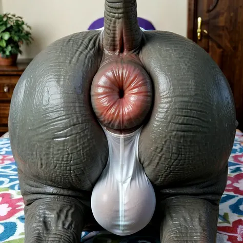 (((solo))),  ((((((feral elephant, wearing panties, elephant tail, raised tail, close up)))))), (((((panties elephant shaped indent, see through, horse hindquarters under panties, huge puffy anal bulge, butt focus, bedroom, see through white panties, hyper...