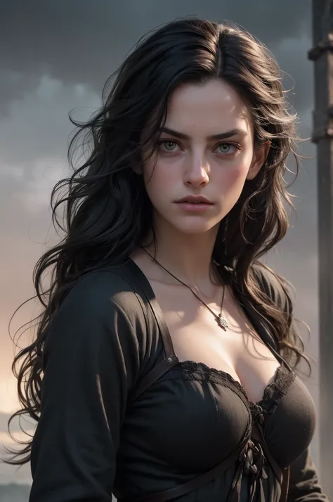 (masterpiece, absurdres, highres, ultra detailed), 1woman, wavy dark hair, adult, hazel eyes, focus,handsome face, yennefer the witcher, charming, detailed eyes and face, angry expression, sky background, looks like Kaya Scodelario, ghostly ethereal look