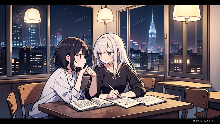 (masterpiece, best quality),2 women, different hair colors, different faces,letterboxed, perfection of fashion,chapped lips, casual attire, upper body, from the side,Skyscraper terrace with a busy city night view,ceramic white table,Teaching how to study, ...