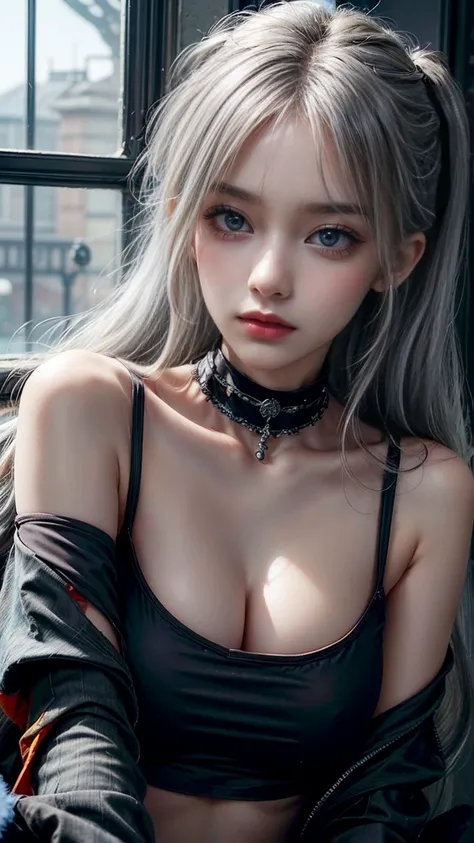 1 girl,gray hair, beautiful long hair,Beautiful, clear eyes,Long eyelashes. (Eyes with exceptional detail), ripped jeans, Medium sized chest, off shoulder, good strap, punk t-shirt, choker , tattoo, rock concert, inside, Masterpiece, best quality, very bea...