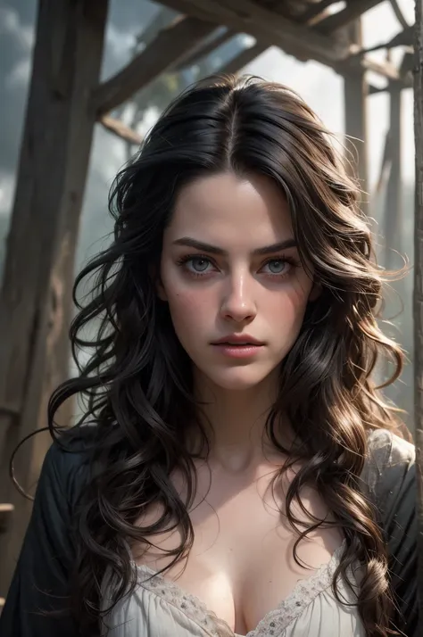 (masterpiece, absurdres, highres, ultra detailed), 1woman, wavy dark hair, adult, hazel eyes, focus,handsome face, yennefer the witcher, charming, detailed eyes and face, angry expression, sky background, looks like Kaya Scodelario, ghostly ethereal look