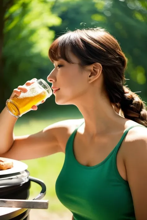 High resolution, masterpiece, Anatomically correct, Attention to detail, High resolutionモデル, One Woman, cute, Beautiful Japanese woman drinking beer, ((Sexy 30 year old women)), ((Beer in the right hand)), Meat skewer in left hand, Bangs, Braided Ponytail,...