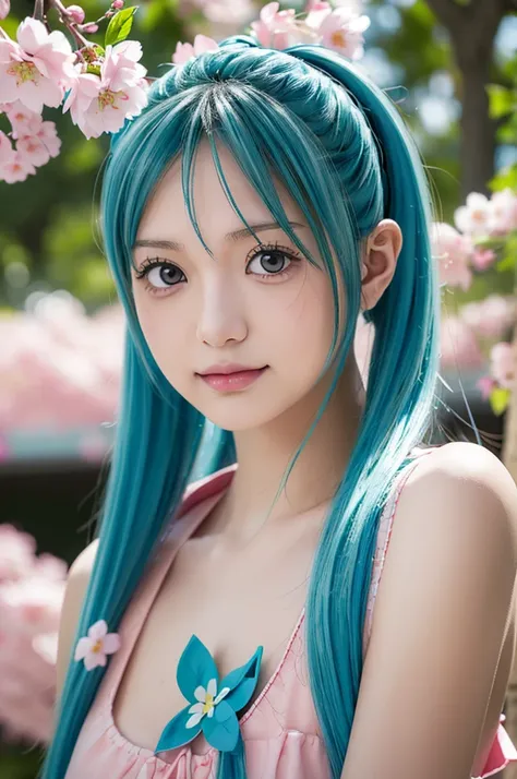 Hatsune Miku, , long blue twin tails, green eyes, detailed facial features, beautiful detailed eyes, beautiful detailed lips, extremely detailed face, longeyelashes,  figure, standing pose, school background, outdoors, cherry blossom trees, sunlight, vibra...