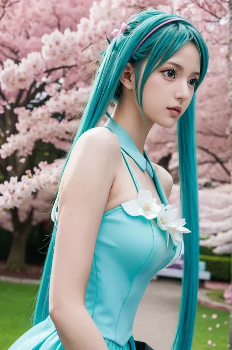 Hatsune Miku, , long blue twin tails, green eyes, detailed facial features, beautiful detailed eyes, beautiful detailed lips, extremely detailed face, longeyelashes,  figure, standing pose, school background, outdoors, cherry blossom trees, sunlight, vibra...