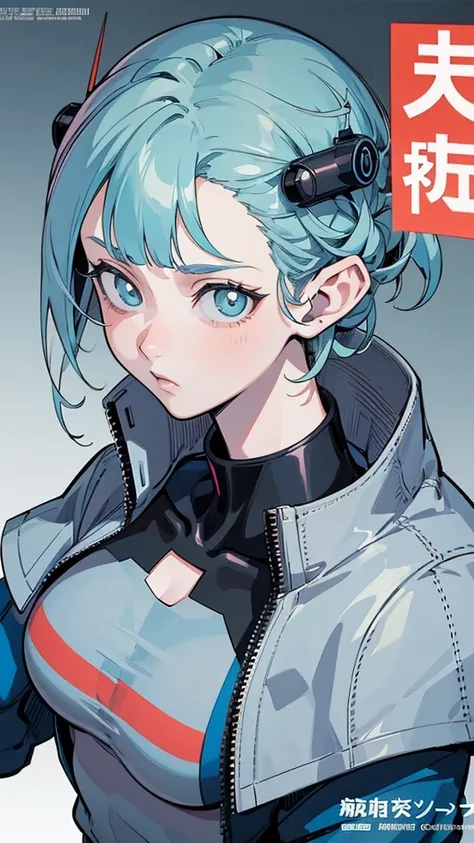 (masterpiece: 1.2, best quality), (1 lady, solo, upper body: 1.2), Hair: short cut, Clothing: oversized denim jacket and combat boots, underground or street art exhibition, android girl perfect for the future, cyborg girl, blue cyborg, cyborg - girl with s...