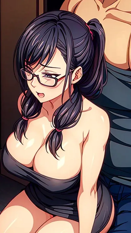 1 milf, ponytail hair, wearing glasses, wearing a black tank top that showing her cleavage, facing forward, full body, sex with a man, ahegao face, sexy sex