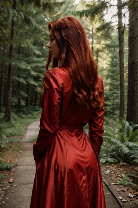 a red-haired woman from behind wearing a red dress and in the background a forest