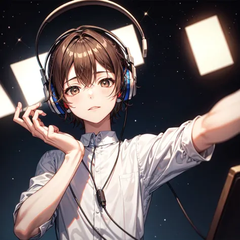 Boy with headphones,Reach out to the starry sky,Top View,Brown Hair,Short Hair,One boy,relax,The background is night,