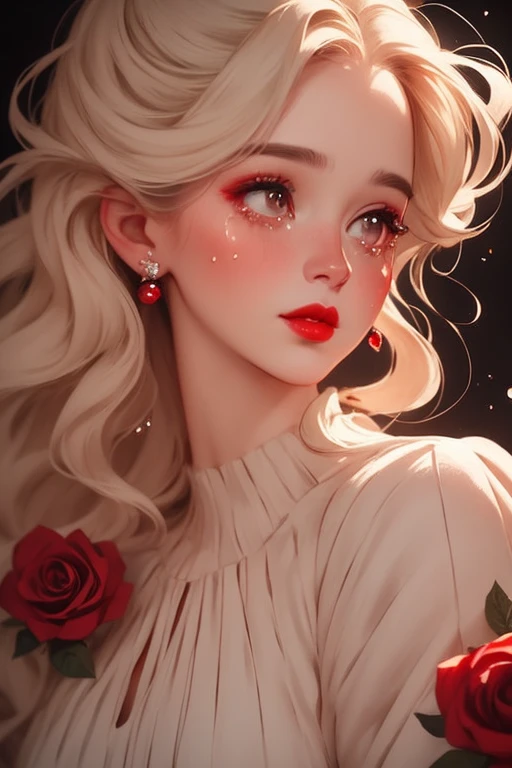 A stunning close-up of a beautiful woman with tears streaming down her face, wearing a white velvet dress that contrasts with her red lips. The Scene Evokes a Sense of Sadness and Depth Reminiscent of Raphaelite Paintings, Accented by Red Roses.