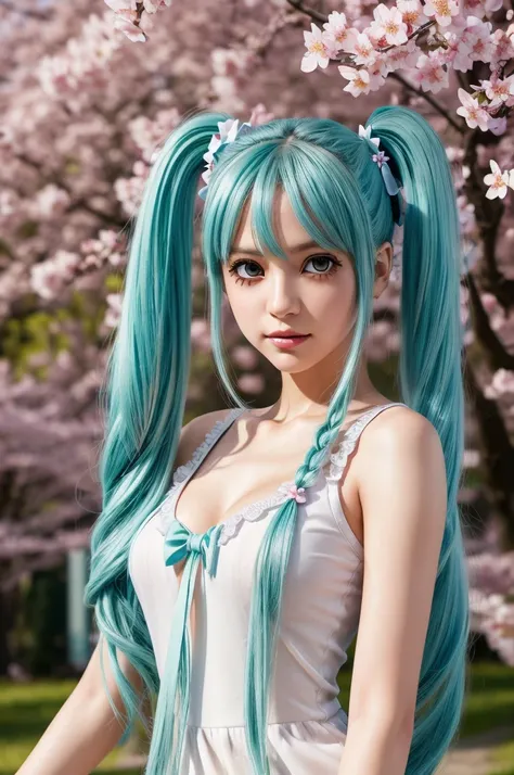 Hatsune Miku, , long blue twin tails, green eyes, detailed facial features, beautiful detailed eyes, beautiful detailed lips, extremely detailed face, longeyelashes,  figure, standing pose, school background, outdoors, cherry blossom trees, sunlight, vibra...