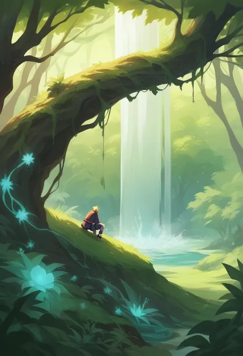 Naruto in Six Paths bijuu Mode standing on top of Kurama in a lush, vibrant forest. The landscape features shades of blue and green, with dense trees and a majestic waterfall in the background. Narutos glowing sage markings are visible, and Kurama looks po...