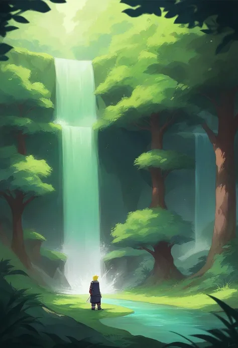 Naruto in Six Paths bijuu Mode standing on top of Kurama in a lush, vibrant forest. The landscape features shades of blue and green, with dense trees and a majestic waterfall in the background. Narutos glowing sage markings are visible, and Kurama looks po...