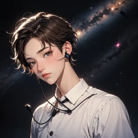 Boy with headphones,Reach out to the starry sky,Top View,Brown Hair,Short Hair,One boy,relax,The background is night,