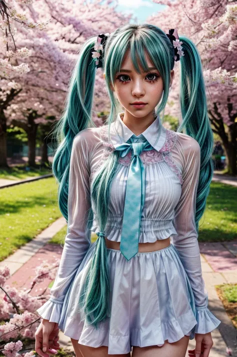 Hatsune Miku, , long blue twin tails, green eyes, detailed facial features, beautiful detailed eyes, beautiful detailed lips, extremely detailed face, longeyelashes,  figure, standing pose, school background, outdoors, cherry blossom trees, sunlight, vibra...