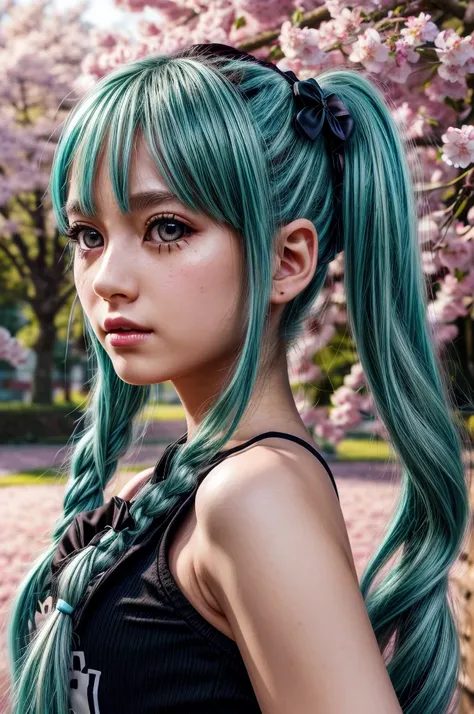 Hatsune Miku, , long blue twin tails, green eyes, detailed facial features, beautiful detailed eyes, beautiful detailed lips, extremely detailed face, longeyelashes,  figure, standing pose, school background, outdoors, cherry blossom trees, sunlight, vibra...