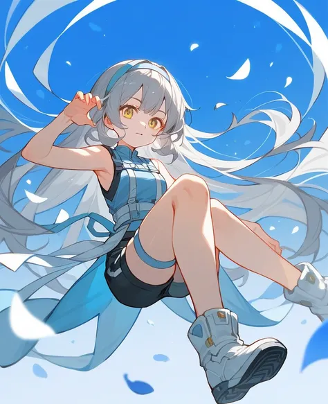 dynamic pose, neat black sleeveless, yellow eyes, gray hair카락, light blue petals, shorts, ((high quality)), light blue band on knees, white wing band, 1 woman, long hair, Osage Twindale, gray hair,  light blue harness