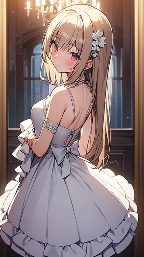 (Highest quality, High resolution, masterpiece:1.2,), figure, night, One girl, whole body, (Wedding dress), Put your arms behind your back, Wait for a kiss, View your viewers, Happy, blush, {{He preys on the bride and takes her place}}，NSFW