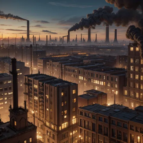 Industrial city, surrounded by a wall, steampunk, rusty and heavy, billowing smoke, Chimney, factories, gears, machinery, tall buildings, torres, steam power, steam pipes, Street lighting, (cinematic lighting:0.8, Super detail, to flourish)