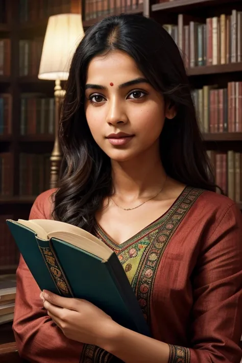 a detailed book cover for hindi book history for बदलती दुनियां हिंदी की, 1girl reading book in a library with bookshelves, detailed facial features, intricate book cover design, warm lighting, cinematic composition, vibrant colors, dramatic shadows, photor...