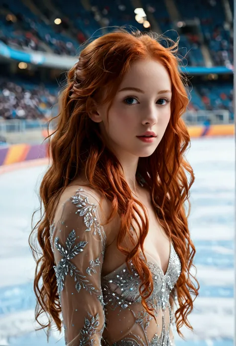 ultra realistic, photography, long red hair, girl, 24 years old, hourglass figure, perfect body, Flirty look, natural breasts, blur background, in the olympic stadium, being an olympic rfigure skater on ice