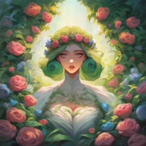 a beautiful girl, sitting patiently between flower bushes, detailed face, beautiful eyes, long eyelashes, delicate lips, ornate flower crown, intricate floral dress, lush green foliage, warm lighting, impressionistic painting, vibrant colors, highly detail...