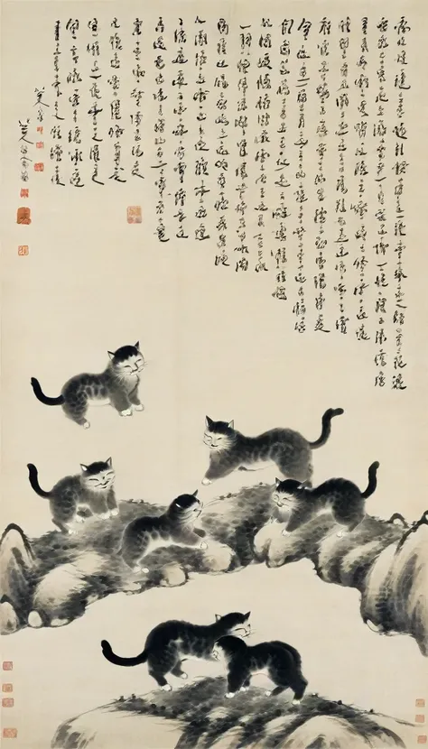 Chinese landscape painting,High resolution,No humans,flock of kittens,the art of chinese calligraphy,Asian Artwork,Traditional Chinese Painting,ink flock of kittens drawing,calligraphy,parchment,Vertical composition,Minimum,Brush strokes,cultural,Seal Art,...