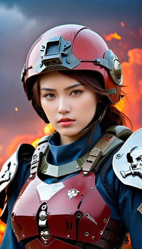 Close-up of a ((extremely beautiful girl warior)) , half human, half machine, their faces a bit partially obscured by military helmets. Their eyes are filled with sadness and longing. The background is a trail of blood and violence. SHe wears a mechanized ...