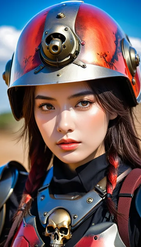 Close-up of a ((extremely beautiful girl warior)) , half human, half machine, their faces a bit partially obscured by military helmets. Their eyes are filled with sadness and longing. The background is a trail of blood and violence. SHe wears a mechanized ...