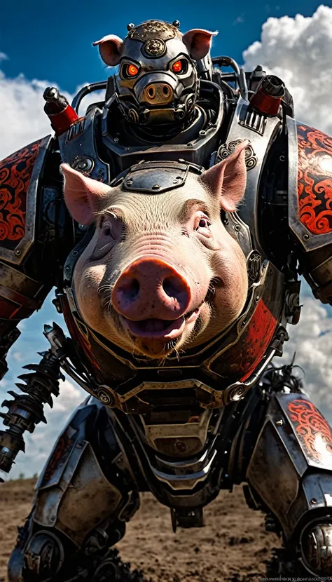 Close-up of a ((pig warior)) , half human, half beast. Their eyes are filled with hapiness and longing. The background is a trail of blood and violence. He wears a mechanized robot armor, carved with animal elements, human skulls. The sky is filled with sw...