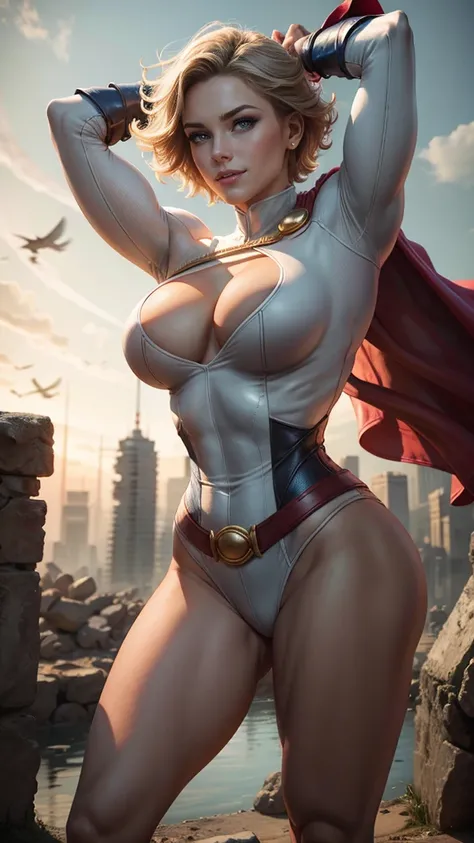 Power Girl da DC Comics,(best qualityer,4K,8k,high resolution,work of art:1.2)(weather: windy),battle ruins,Greece,short hair,ultra detailed,realisitic,portraite,beautiful detailed blue eyes,beautiful detailed lips,extremely detailed eye and face, long eye...