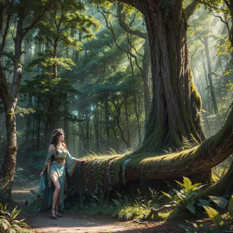 a incredibly attractive druid in an ancient forest surrounded by mystical creatures, immaculate detailed, top resolution, photograph like, realistic, raw photo, chromatic lens, photo realistic, flawless style clarity and focus, perfect photo like CGI, phot...