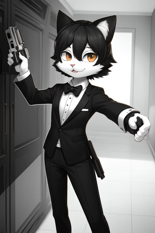 A black and white tuxedo breed furry cat with a gun pointing at the fourth wall