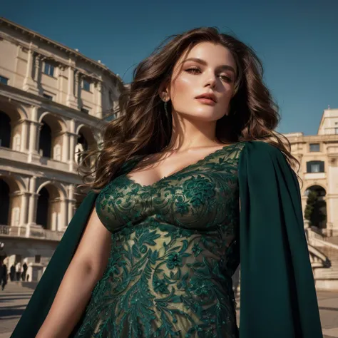 A woman in a green dress in front of a building, jaw dropping beauty, elegant neckline, beautiful woman, jaw dropping beauty, sophisticated fashion photo shoot, by Jakob Gauermann, gorgeous lady, haute couture fashion shoot, vouge italy, elegant fashion mo...