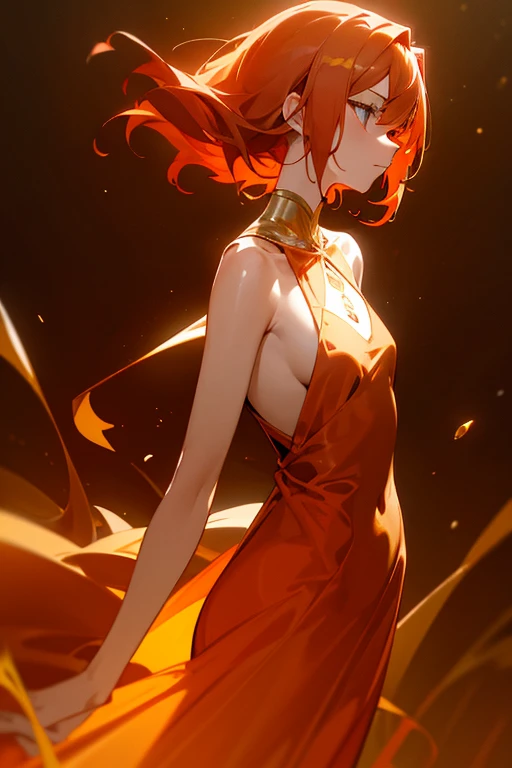 Woman with golden red hair, Solemn, Look straight ahead, The hair exudes a golden red glow, A mysterious light of pale yellow emanates from the eyes, Revealing great maturity and stability, She was wearing a crimson dress, The gaze is cold, As if it could ...