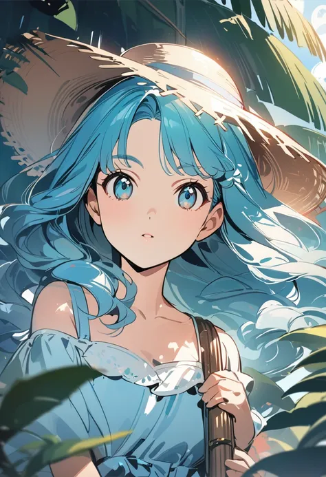 Anime girl with blue hair wearing a straw hat and blue dress, artwork in the style of Gouvez, beautiful anime portrait, Gouvez, beautiful anime girl, beautiful anime style, Anime girl with turquoise hair, anime style. 8 K, bowwater style, beautiful digital...