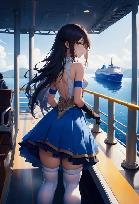 ((Highest quality)), ((masterpiece)), ((One Girl)), alone, ferry, ((Long Hair)), ferryBase, ((Knee socks)), Expose your shoulders, ((jewelry)), ((Sleeveless)), White Dress, Blue Skirt, ((gloves)), Up to the thighs, From behind.