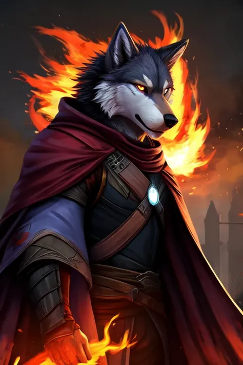 Furry, Wolf, Male, Fantasy, Destiny 2 the game, Destiny 2 Hunter, Cloak, Sword, Fire element, Fire designs on Wolf,