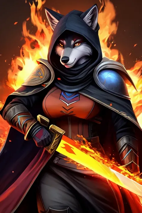 Furry, Wolf, Female, Fantasy, Destiny 2 the game, Destiny 2 Hunter, Cloak, Sword, Fire element, Fire designs on Wolf,