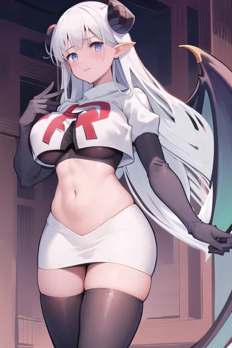 1girl,large breasts,albionsuccubus,bat wings, 
team rocket,team rocket uniform,white skirt,red letter R,crop top,black thigh-highs,black elbow gloves
 