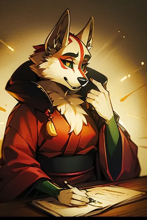 anthropomorphic, SFW, modest bust, Japanese clothing, white fur with red markings, calligraphy, single small glowing green light, small creak in background, working at a table