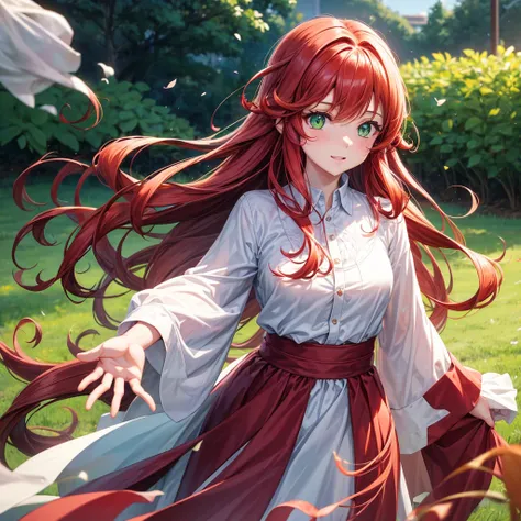 a girl with long wavy red hair and green eyes is wearing a white shirt, Beautiful anime style, 