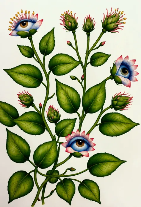 (Pointillism method). Bizarre plants:1.5,(((eye:1.37))),Neat line drawing,vine,Pen line outline,watercolor,Elegant colors,vintage style, format as coloring book page petals meridian ,
Large area of blank。
