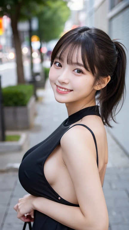 RAW shooting),1 girl,(Smiling and facing the camera),(Front shot:1.1),(Look forward),18-year-old,cute,Japanese,Black short ponytail,glamorous,(Big Breasts),( close),(breast focus),street,Clothing dress