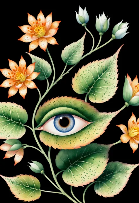 (Pointillism method). Bizarre plants:1.5,(((eye:1.37))),Neat line drawing,vine,Pen line outline,watercolor,Elegant colors,vintage style, format as coloring book page petals meridian ,
Large area of blank。