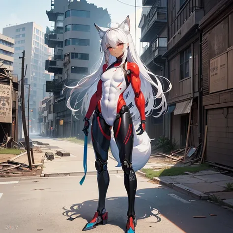 (Fox Girl, Fox Ears, Silver Hair, Fox Makeup, One Girl, Long Hair, Alone on the screen, dark skin, High definition:1.6), (mecha musume, Machinery Parts,Robot Joints, White and red clothes, Full body mechanical suit:1.8), (Body measurements are 75-60-75!, Y...