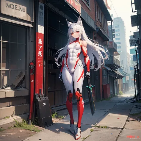 (Fox Girl, Fox Ears, Silver Hair, Fox Makeup, One Girl, Long Hair, Alone on the screen, dark skin, High definition:1.6), (mecha musume, Machinery Parts,Robot Joints, White and red clothes, Full body mechanical suit:1.8), (Body measurements are 75-60-75!, Y...