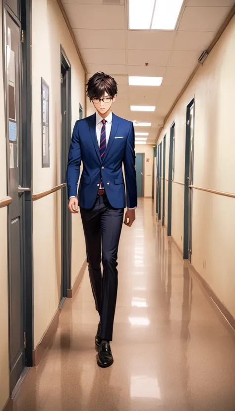 18 years old, a handsome boy, Black Hair, Short Hair,Glasses, blazer, high school student,Introvert,Are standing,Looking down,corridor